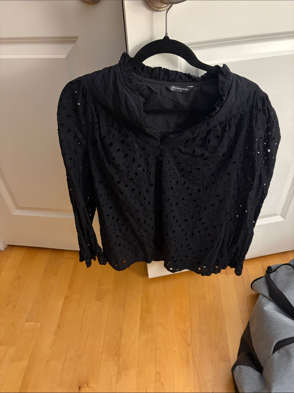 Black Eyelet Long-Sleeve Blouse with Ruffle Collar - Unknown